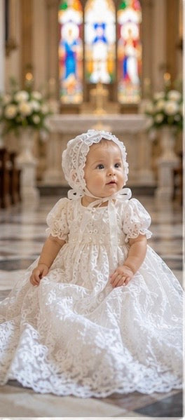 The Seraphina Gown | Heirloom Cotton Lace Christening Gown & Bonnet | Elena Collection