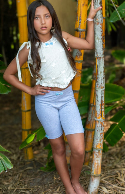 Cotton Biker Shorts with Handmade Velvet Bow – Light Grey or Black