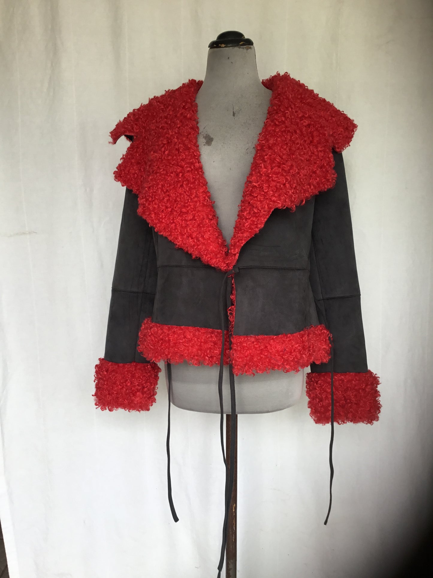 Rebel Rouge – Faux Suede Wrap Jacket with Red Shearling Trim