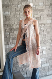 "Elegant Peach Lace Duster Vest with Tulle Ruffle and Ribbon Closure"