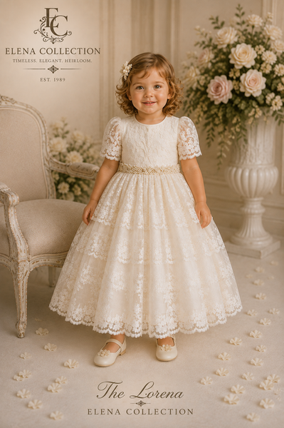 The Lorena | Hand-Beaded Corded Lace Christening Dress & Bonnet