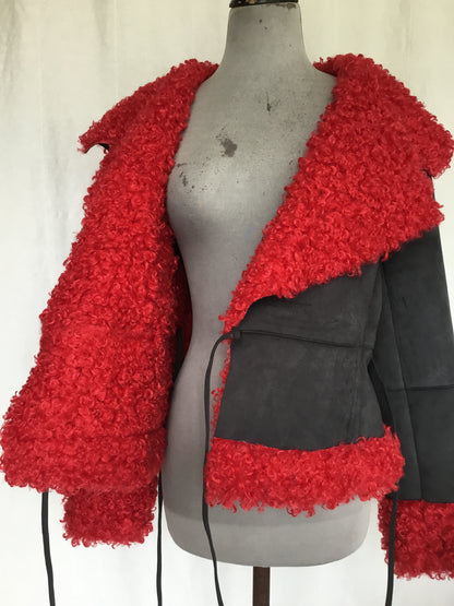 Rebel Rouge – Faux Suede Wrap Jacket with Red Shearling Trim