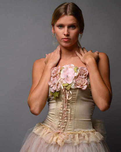 Blush Nude Couture Bridal Set – Corset Top with Detachable Tulle Skirt Train - Wearable Art
