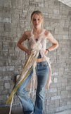 "Elegant Peach Lace Duster Vest with Tulle Ruffle and Ribbon Closure"