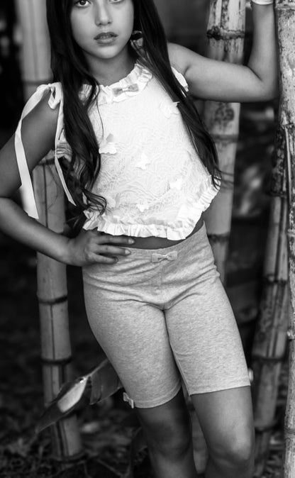 Cotton Biker Shorts with Handmade Velvet Bow – Light Grey or Black