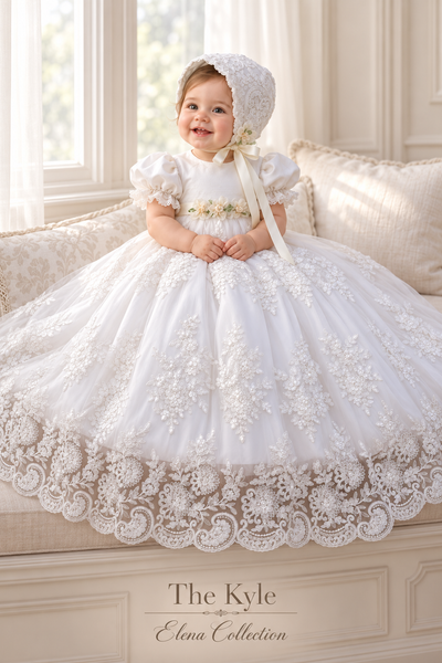 The Kyle Gown | Corded Lace and Silk Christening Ensemble