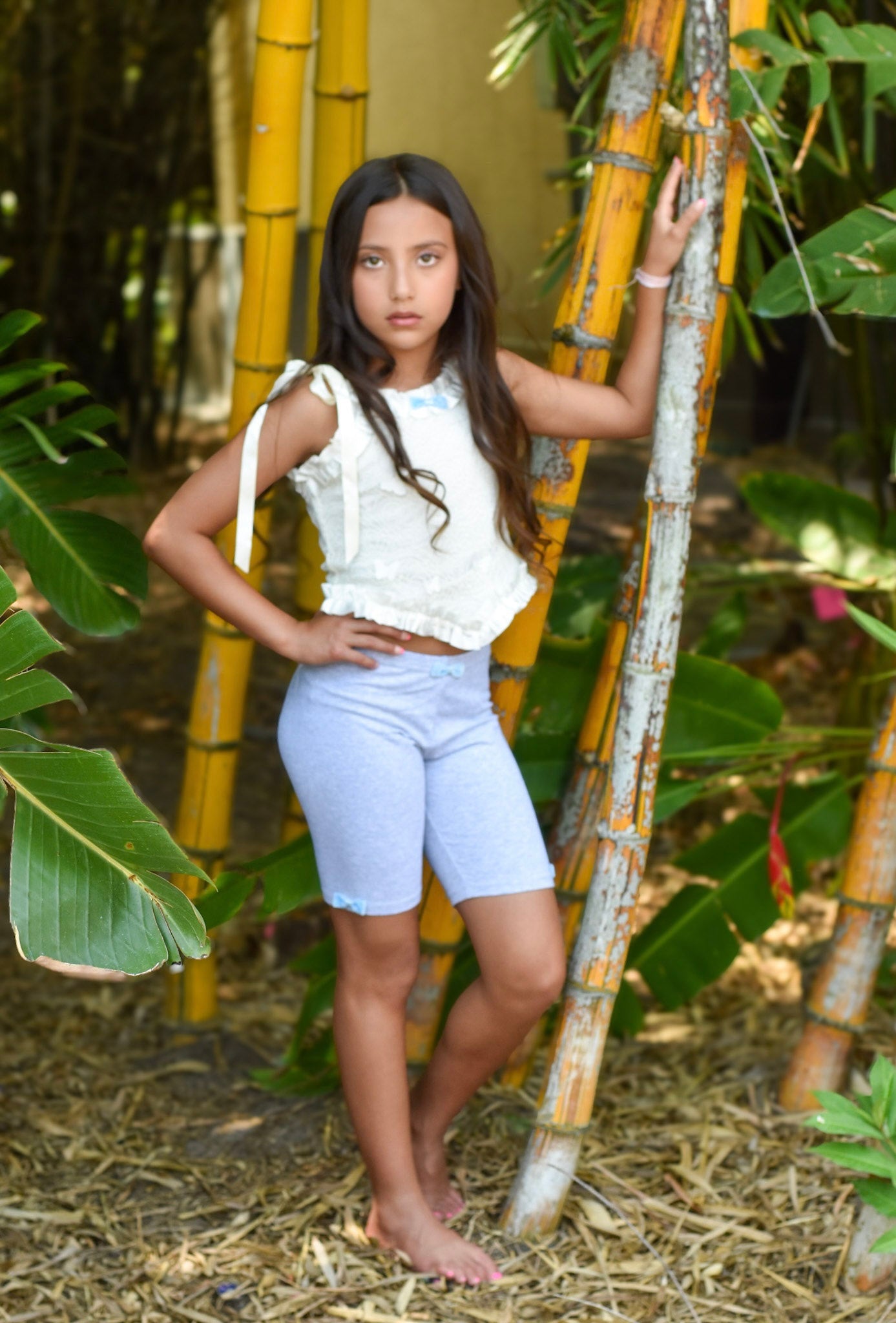 Cotton Biker Shorts with Handmade Velvet Bow – Light Grey or Black