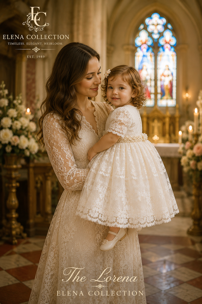 The Lorena | Hand-Beaded Corded Lace Christening Dress & Bonnet