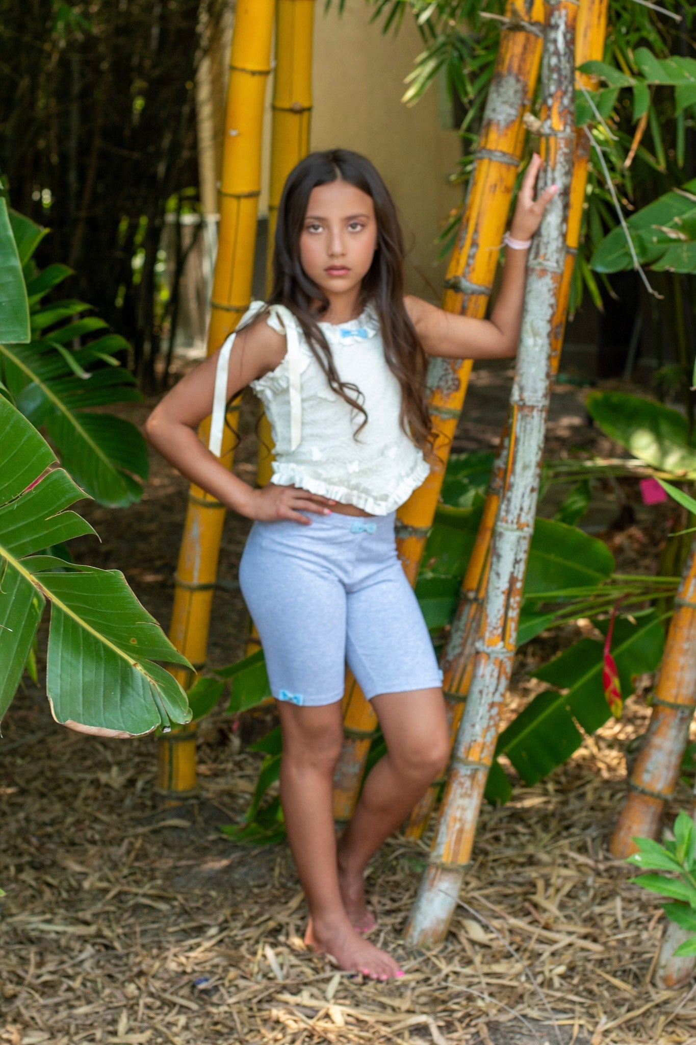 Cotton Biker Shorts with Handmade Velvet Bow – Light Grey or Black