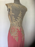 Blush Pink Evening Gown with Gold Beaded Bodice & Sheer Illusion Neckline