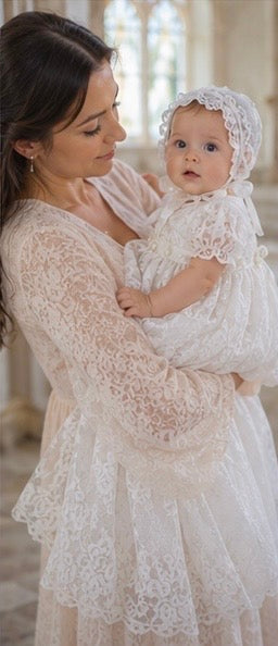 The Seraphina Gown | Heirloom Cotton Lace Christening Gown & Bonnet | Elena Collection