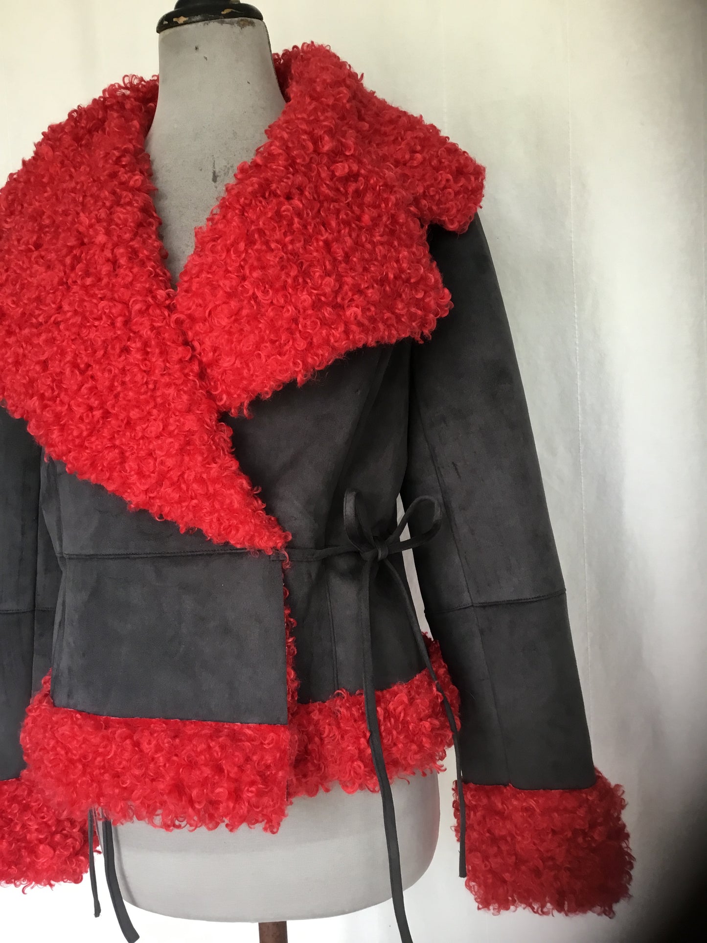 Rebel Rouge – Faux Suede Wrap Jacket with Red Shearling Trim