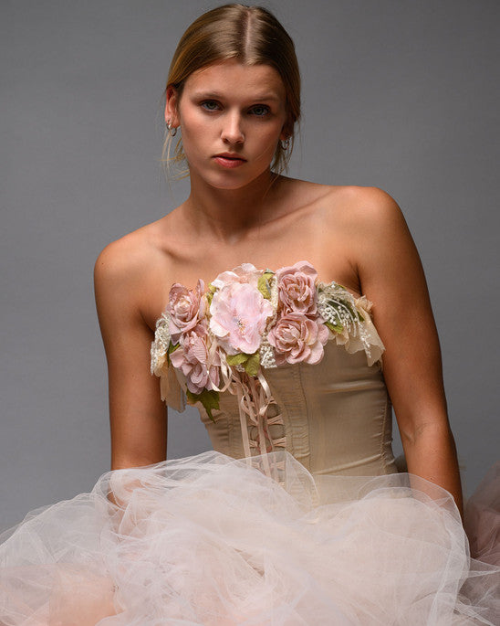 Blush Nude Couture Bridal Set – Corset Top with Detachable Tulle Skirt Train - Wearable Art