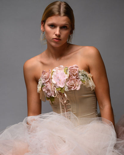 Blush Nude Couture Bridal Set – Corset Top with Detachable Tulle Skirt Train - Wearable Art