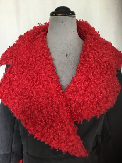 Rebel Rouge – Faux Suede Wrap Jacket with Red Shearling Trim