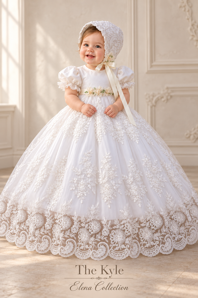 The Kyle Gown | Corded Lace and Silk Christening Ensemble