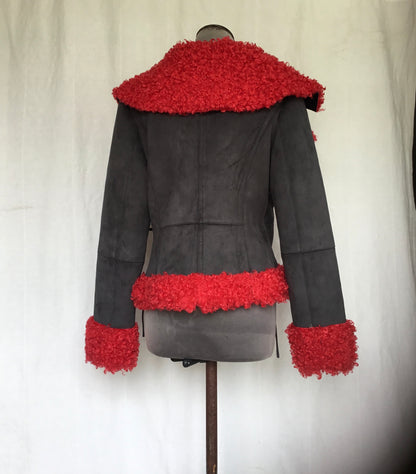 Rebel Rouge – Faux Suede Wrap Jacket with Red Shearling Trim