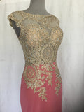 Blush Pink Evening Gown with Gold Beaded Bodice & Sheer Illusion Neckline