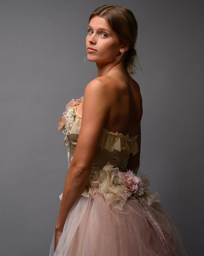 Blush Nude Couture Bridal Set – Corset Top with Detachable Tulle Skirt Train - Wearable Art