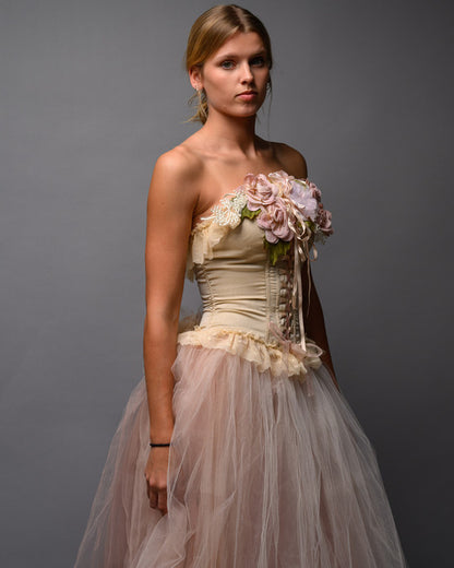 Blush Nude Couture Bridal Set – Corset Top with Detachable Tulle Skirt Train - Wearable Art