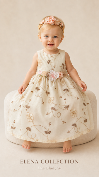 The Blanche | Vintage Embroidered Organza Baby Dress & Headband