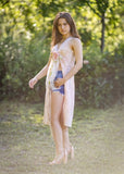 "Elegant Peach Lace Duster Vest with Tulle Ruffle and Ribbon Closure"
