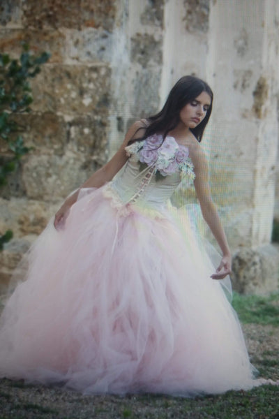 2-Piece Couture Wedding Corset Set with Detachable Tulle Train & Handmade Florals