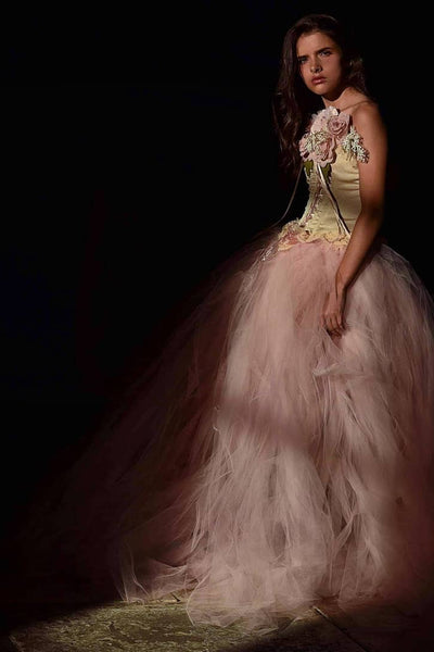 2-Piece Couture Wedding Corset Set with Detachable Tulle Train & Handmade Florals