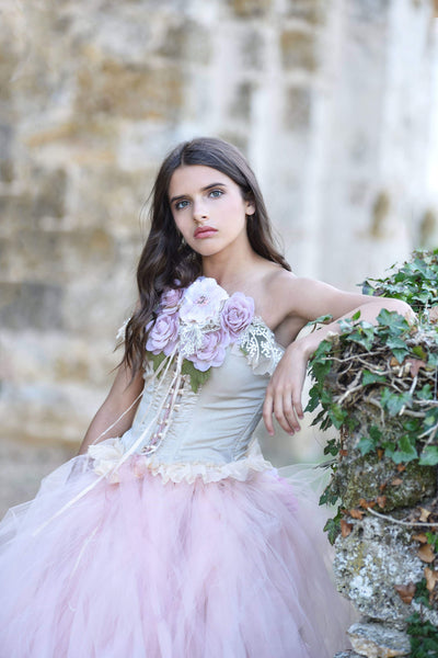 2-Piece Couture Wedding Corset Set with Detachable Tulle Train & Handmade Florals