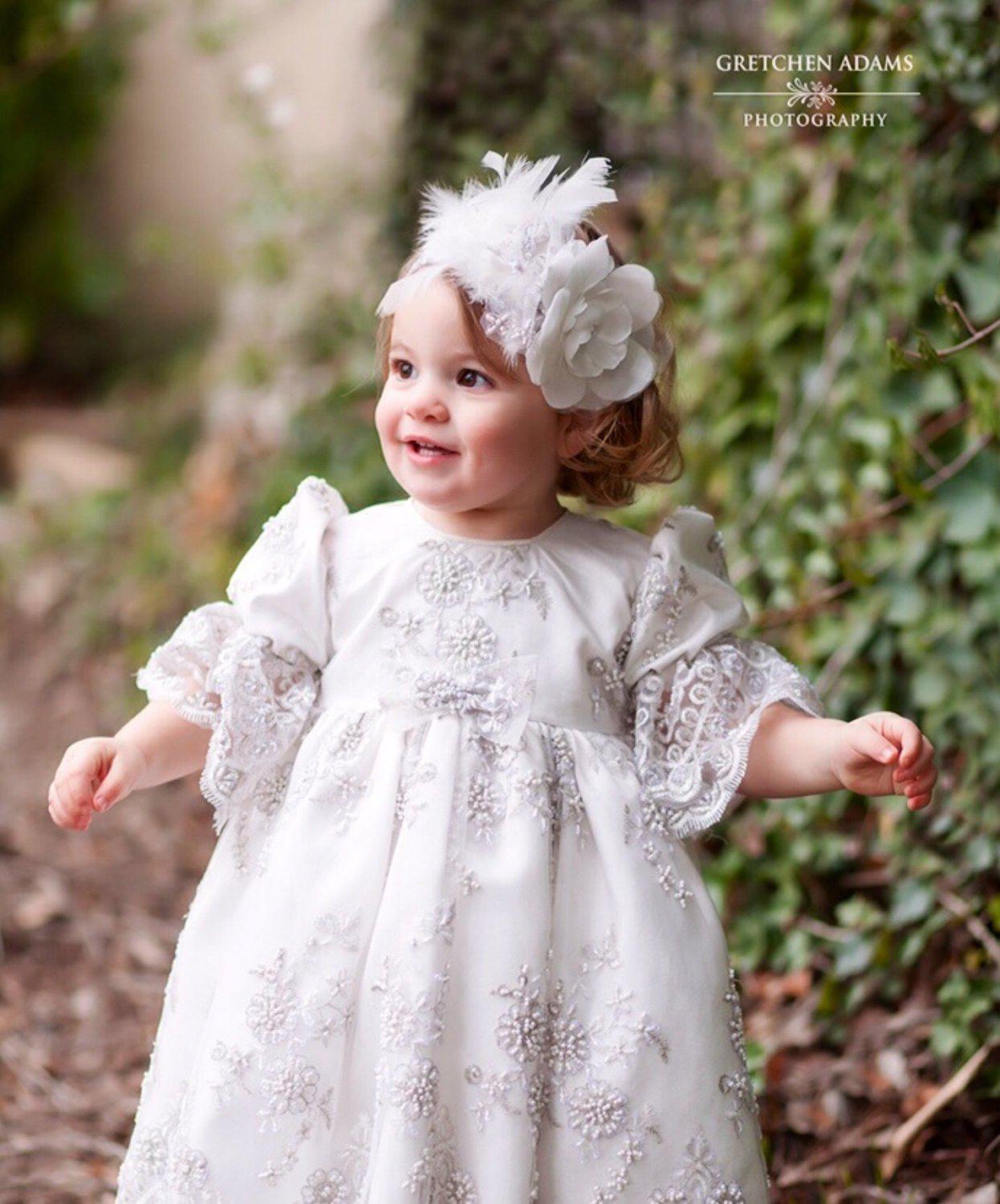 Christening toddler dress with bonnet-baptism lace dress-flower girl-bridal-Lacroix - ElenaCollection
 - 1