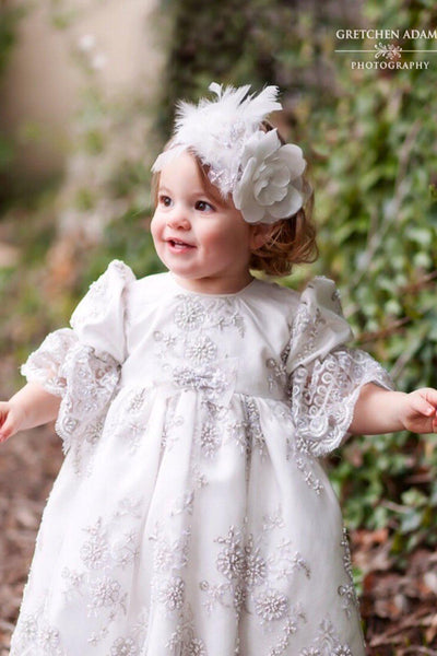Christening toddler dress with bonnet-baptism lace dress-flower girl-bridal-Lacroix - ElenaCollection
 - 1