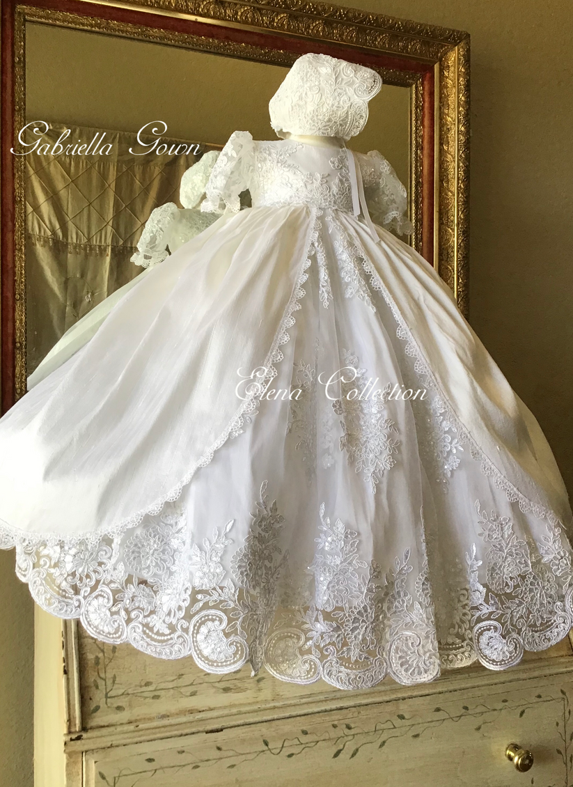 Christening - Gabriella Ivory 3/4 Sleeves Silk & Sequined Lace Gown