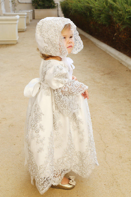 Christening toddler dress with bonnet-baptism lace dress-flower girl-bridal-Lacroix - ElenaCollection
 - 4