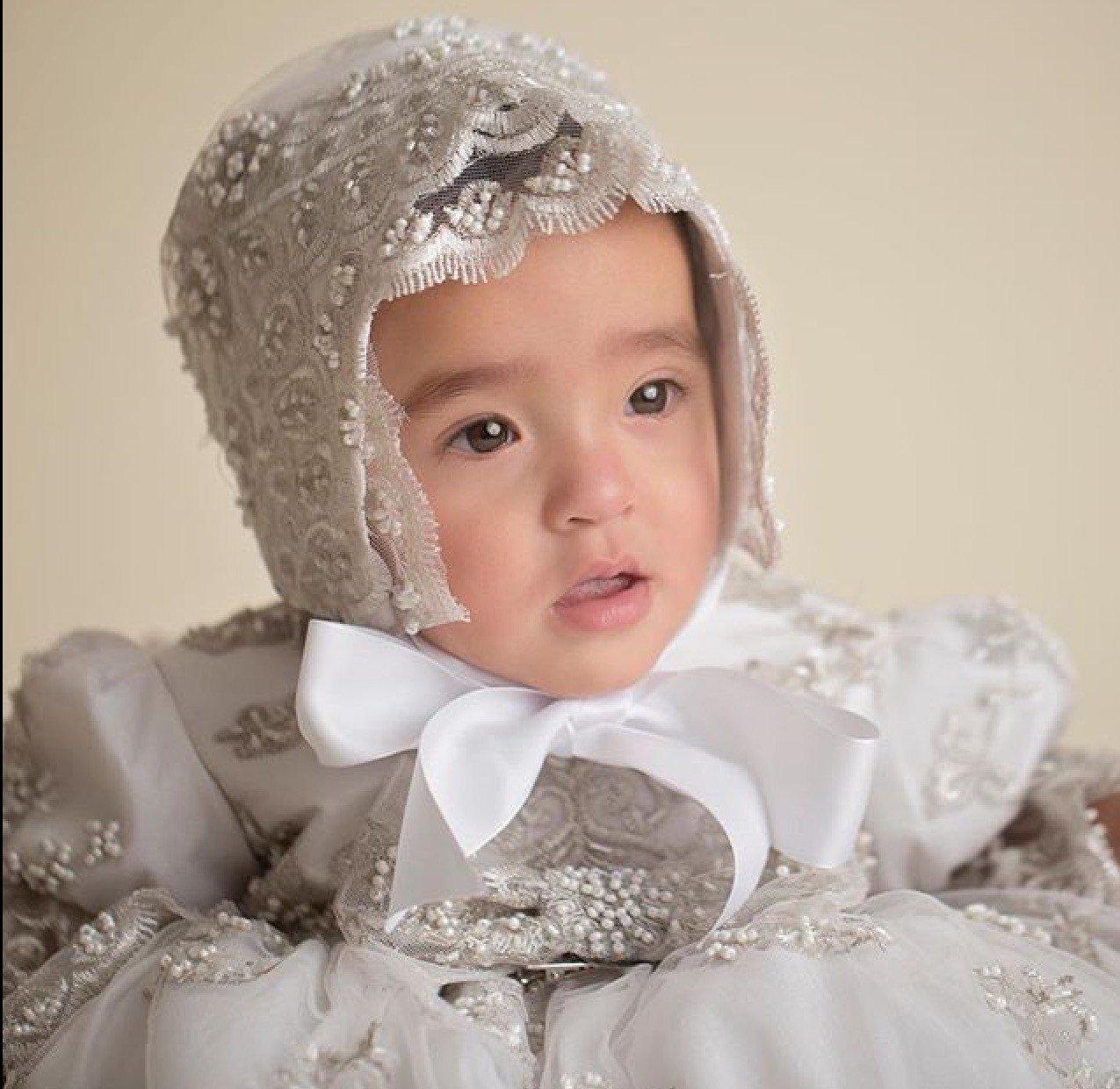 Christening toddler dress with bonnet-baptism lace dress-flower girl-bridal-Lacroix - ElenaCollection
 - 5
