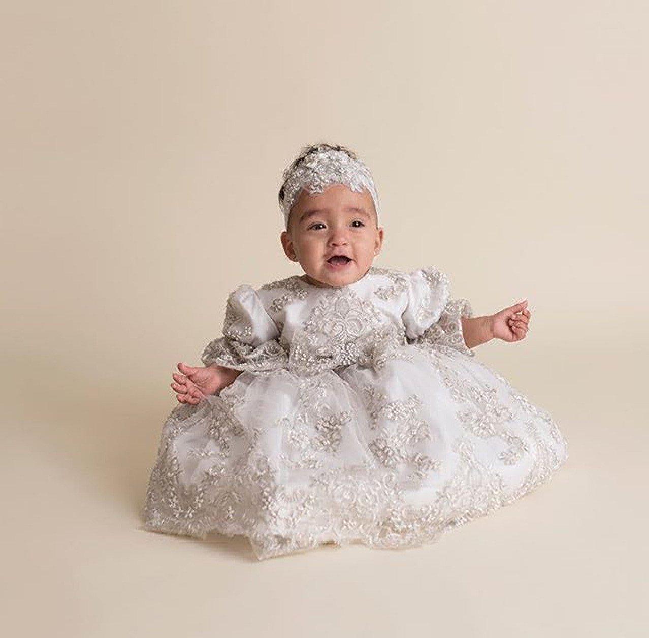 Christening toddler dress with bonnet-baptism lace dress-flower girl-bridal-Lacroix - ElenaCollection
 - 10