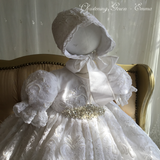 Emma Heirloom Christening Gown – Hand-Beaded Corded Lace with Bonnet
