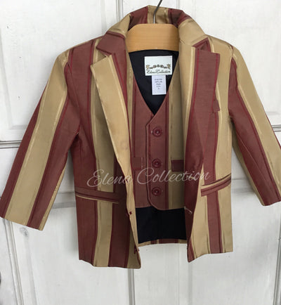 Luxury Silk Stripe Vest & Jacket Set - Dark Beige & Rust -James