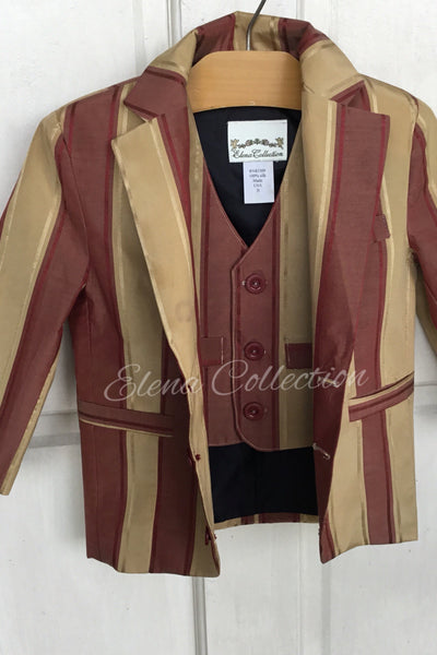 Luxury Silk Stripe Vest & Jacket Set - Dark Beige & Rust -James