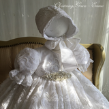 Emma Heirloom Christening Gown – Hand-Beaded Corded Lace with Bonnet