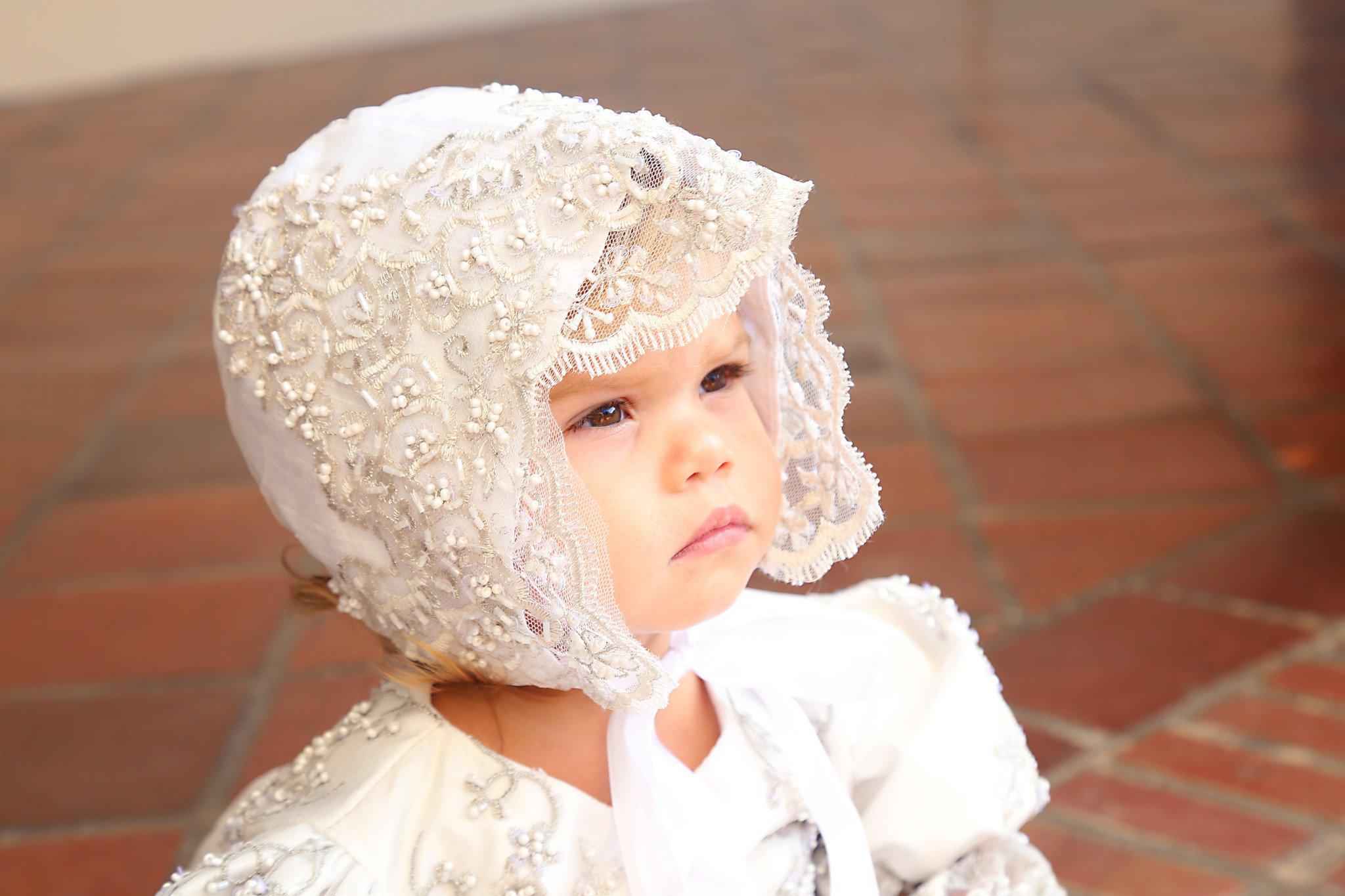 Christening toddler dress with bonnet-baptism lace dress-flower girl-bridal-Lacroix - ElenaCollection
 - 3