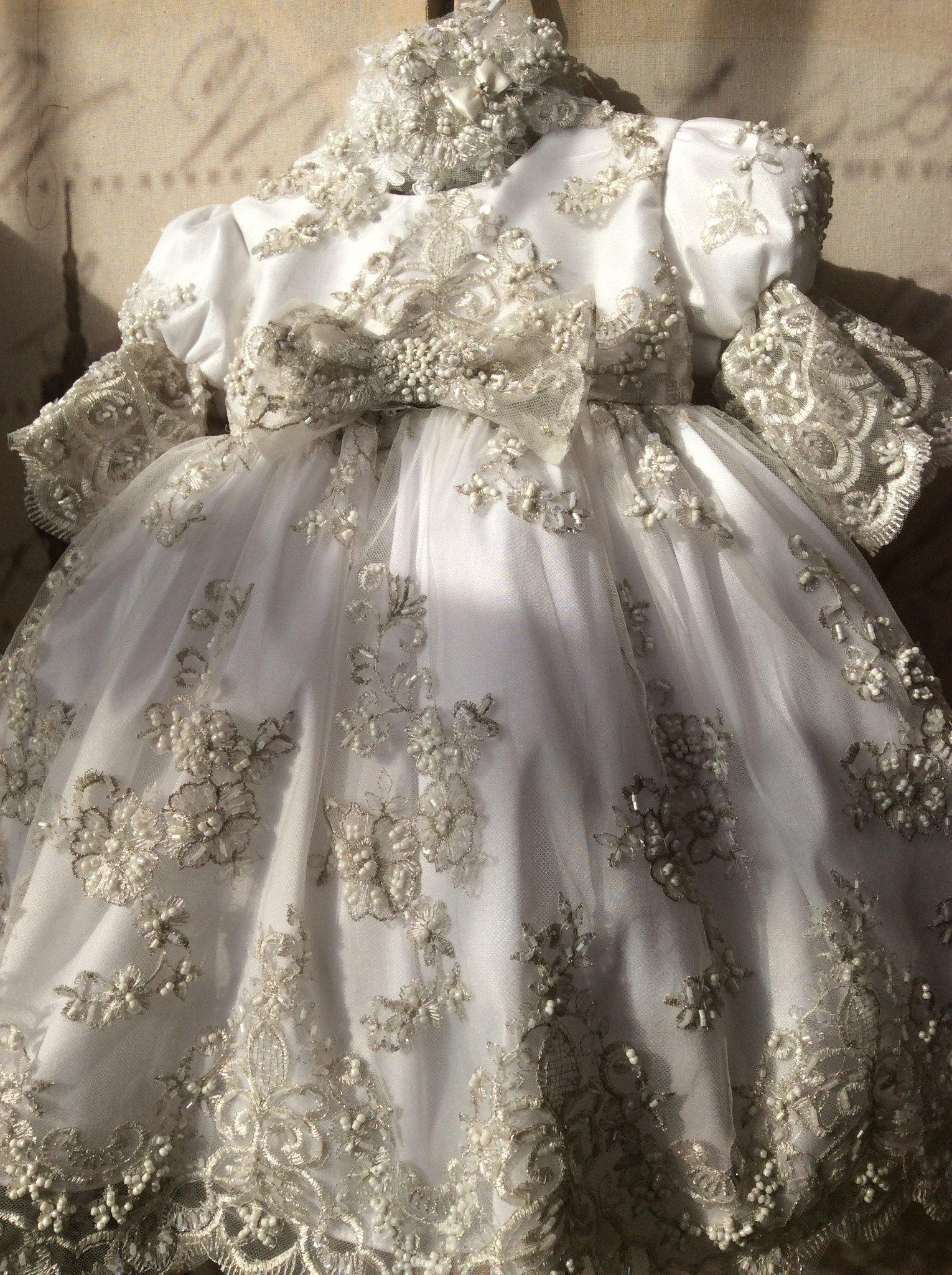 Christening toddler dress with bonnet-baptism lace dress-flower girl-bridal-Lacroix - ElenaCollection
 - 2