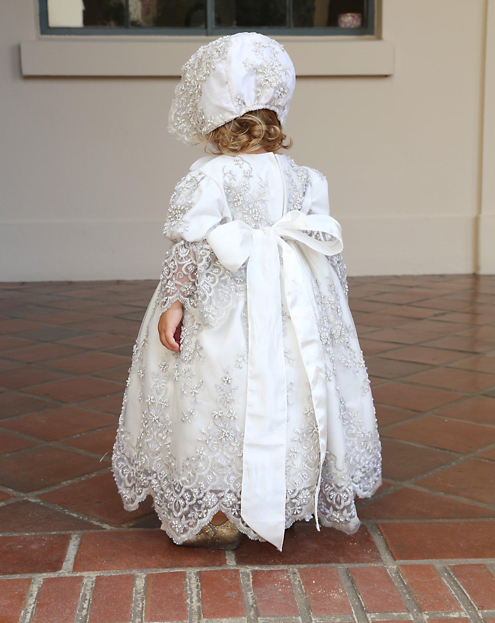 Christening toddler dress with bonnet-baptism lace dress-flower girl-bridal-Lacroix - ElenaCollection
 - 6