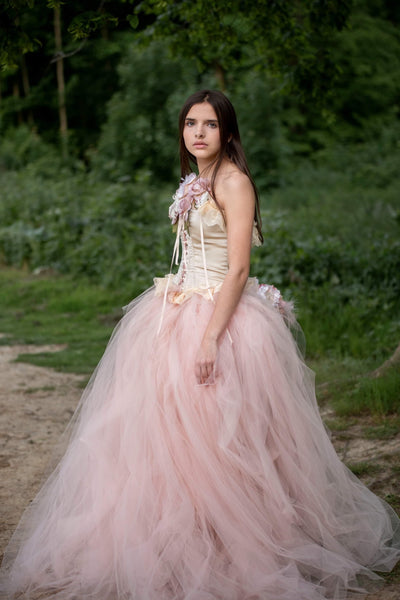 2-Piece Couture Wedding Corset Set with Detachable Tulle Train & Handmade Florals