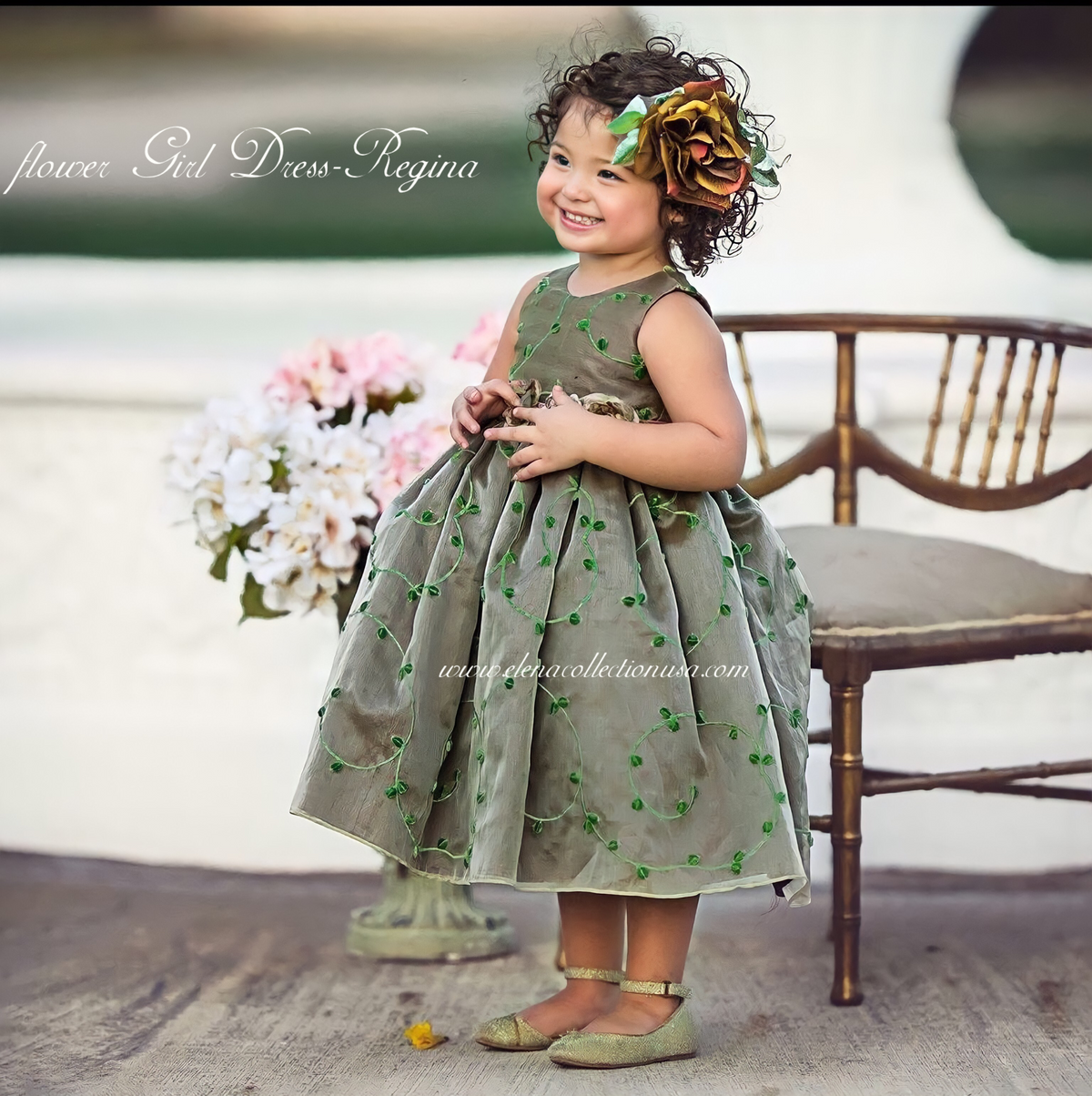 Flower Girl Green Silk Dress - Regina