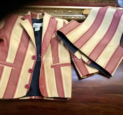 Luxury Silk Stripe Vest & Jacket Set - Dark Beige & Rust -James